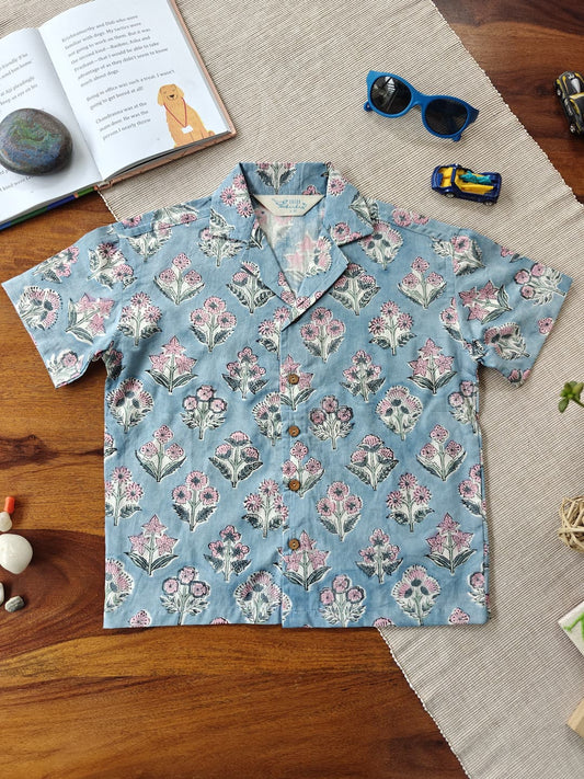 Blue Blossom Trio Cuban Collar Boy's Shirt