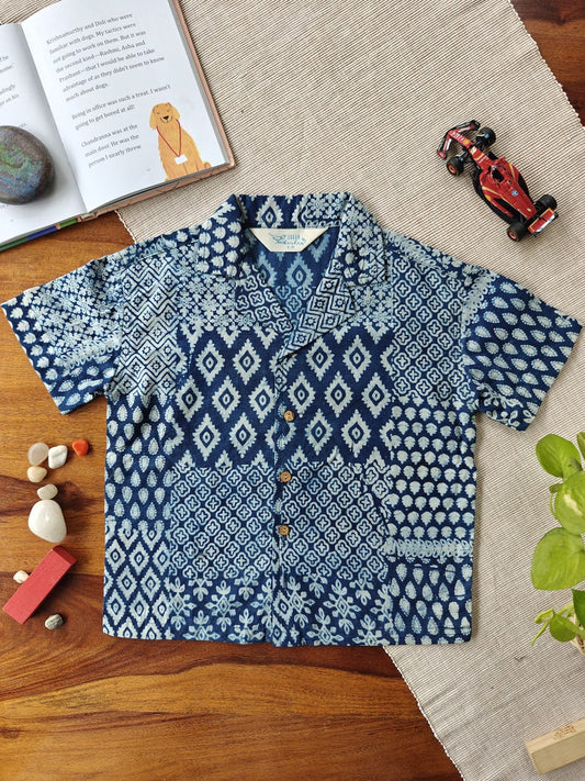 Indigo Mosaic Cuban Collar Boy's Shirt