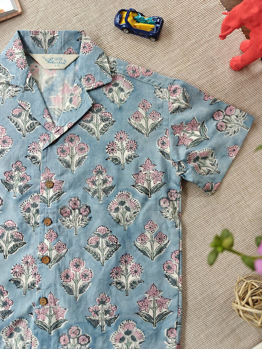 Blue Blossom Trio Cuban Collar Boy's Shirt